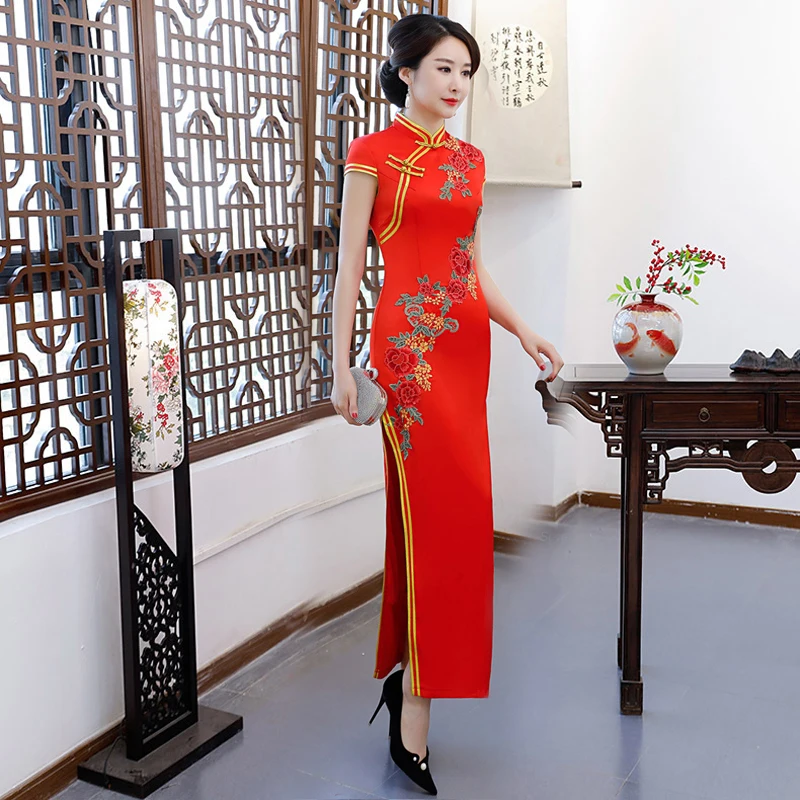 Красное женское длинное Ципао китайское стильное платье с короткими рукавами Qipao