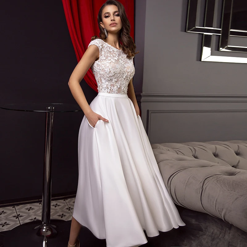 

Beach Elegant Tea Length Short Wedding Dresses Cap Sleeves Appliques Lace Wedding Gowns Scoop Satin Short Bridal Gown