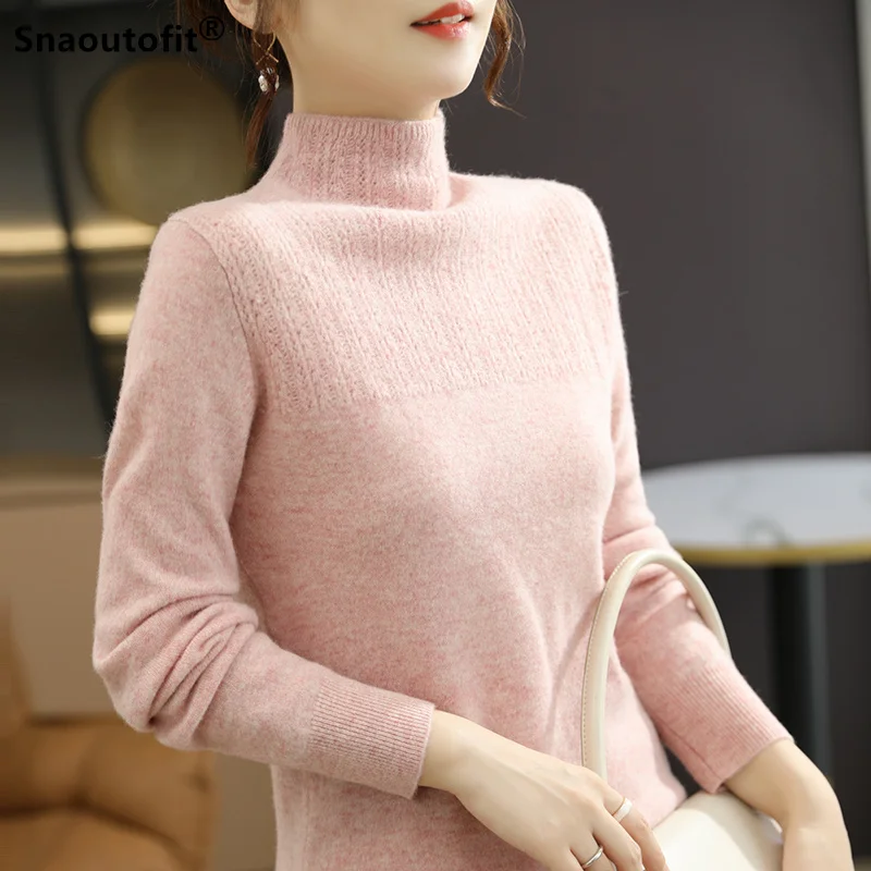 

Snaoutofit 2021 Autumn Winter New Retro Chain Link Knit Sweater Women's 100% Wool Bottoming Shirt Warm Pure Color Pullover Top