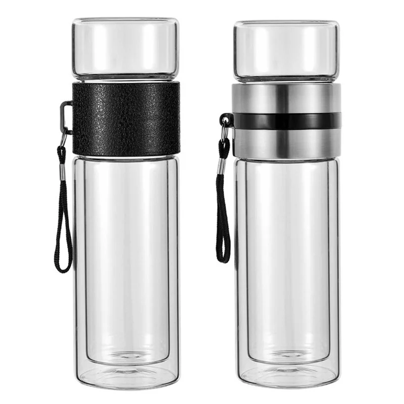 Двухслойная стеклянная бутылка для воды портативная уличная с фильтром и