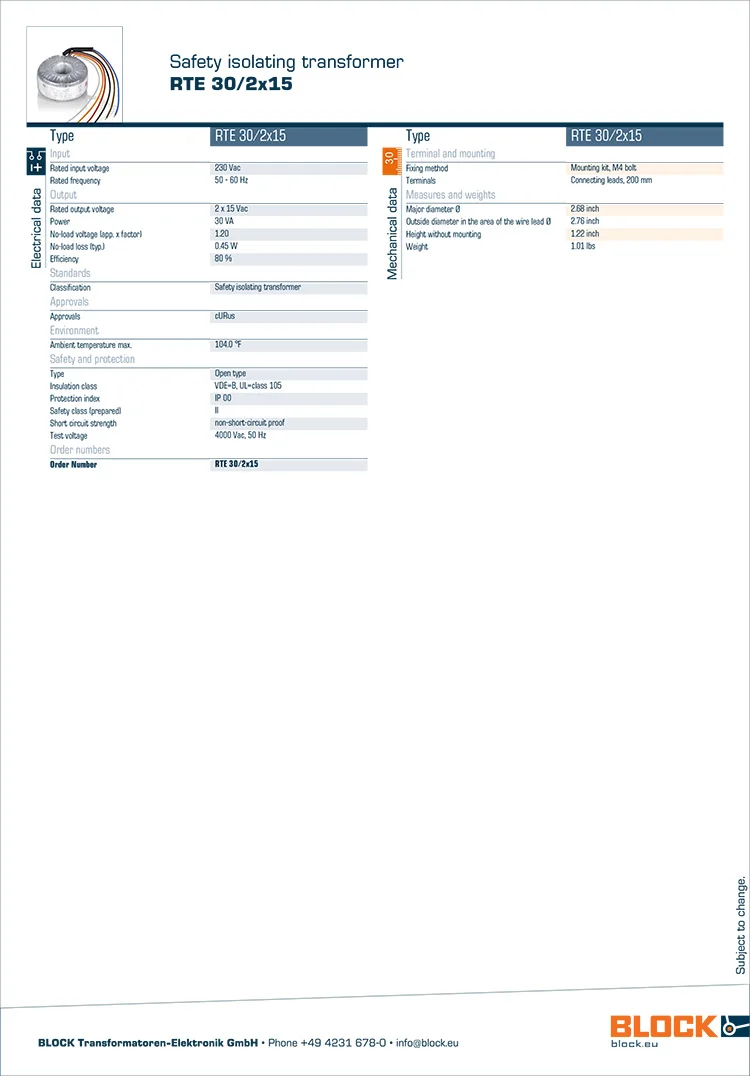 

German 30V original Block 30W 15V 18V 24V toroidal transformer