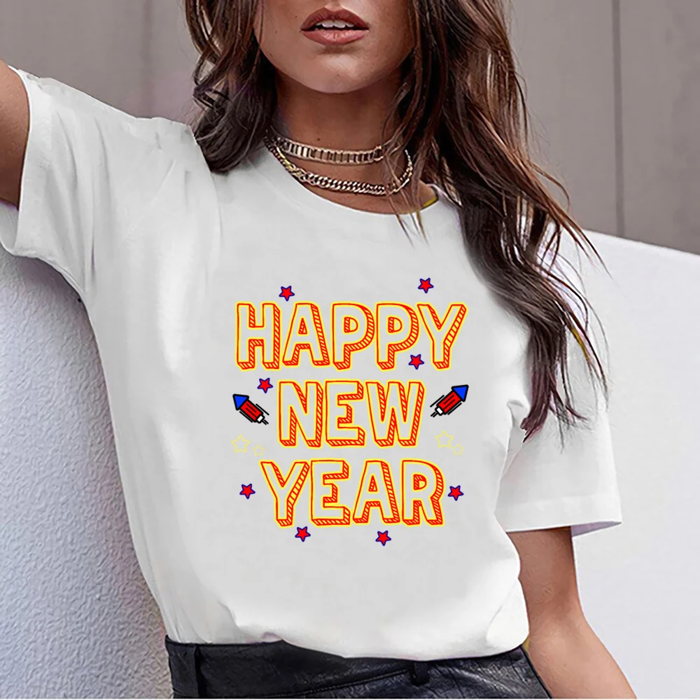 

Tops T Shirt Women happy new year Basic Black Short Female Tshirt