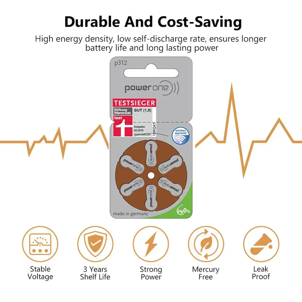 Аккумуляторы для слухового аппарата размер 312 za Power one упаковка из 60 коричневый Tab
