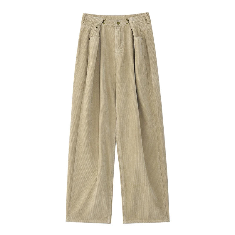 

Women Fashion Tide Spring Autumn 2021 High Waist Long Corduroy Apricot Wide Leg Trousers New Loose Fit Pants