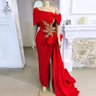 Великолепные красные длинные вечерние платья с открытыми плечами арабское платье-Русалка для выпускного вечера 2021 кружевное свадебное платье с бисером вечерние платья