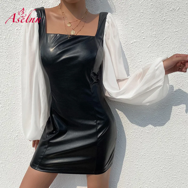 Aselnn пикантные платья из искусственной кожи для женщин с длинным рукавом спинки