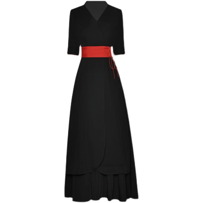 

DIDACHARM Long Dress Runway Women'S Summer V-Neck Short-Sleeved Belt Vintage Elegant High-Quality Fashion Black Party Dresses