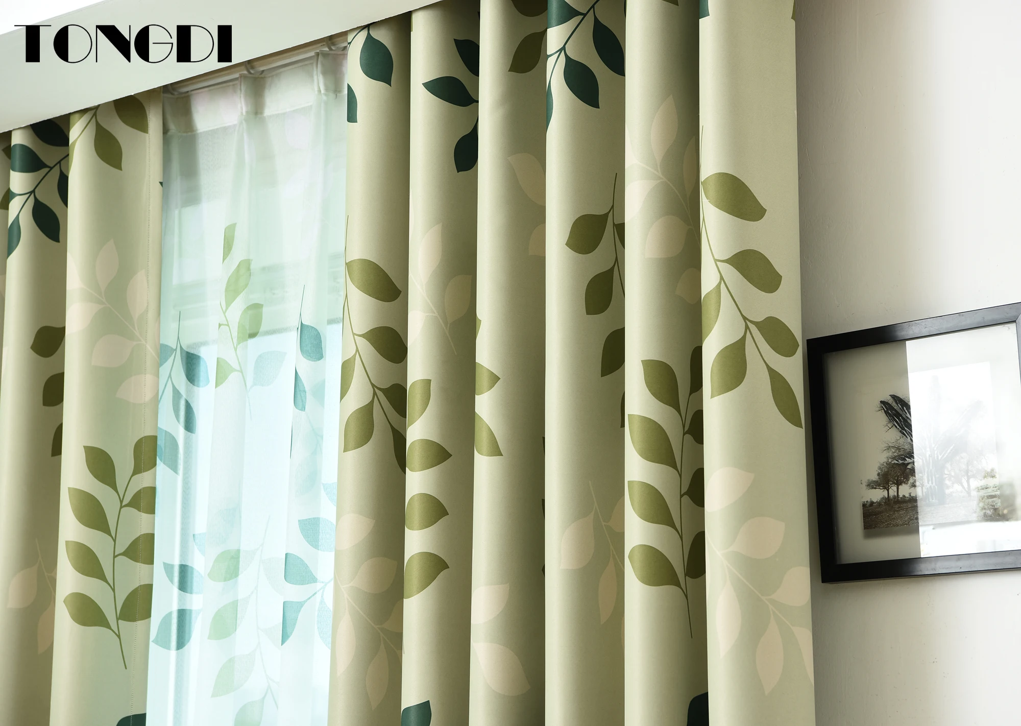 Светонепроницаемые шторы TONGDI с изображением зеленых элегантных листьев