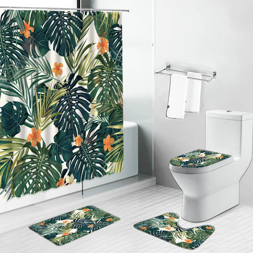 Тропическая занавеска для душа с листьями пальмы зелеными растениями цветами