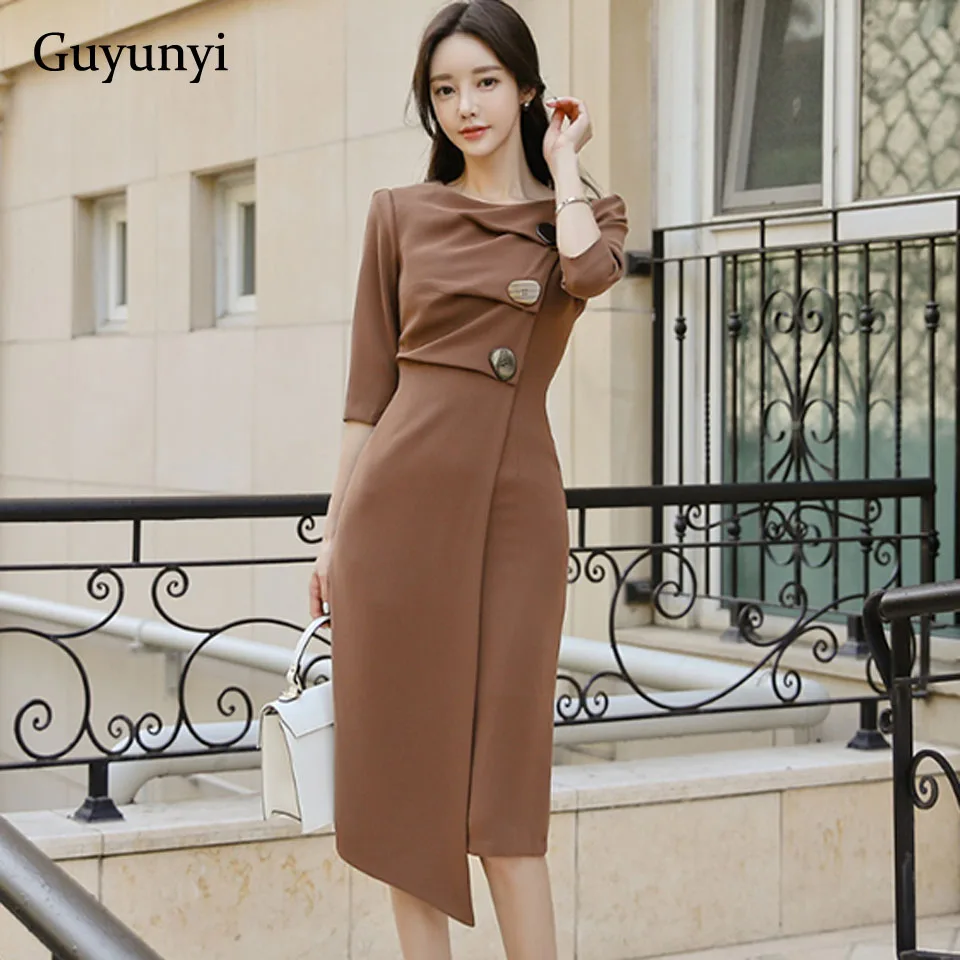 Plain Color Office Lady Dress Autumn Winter High Waist Slim Fit Half Sleeve Asymmetry Simple Elegant Party Dress Women