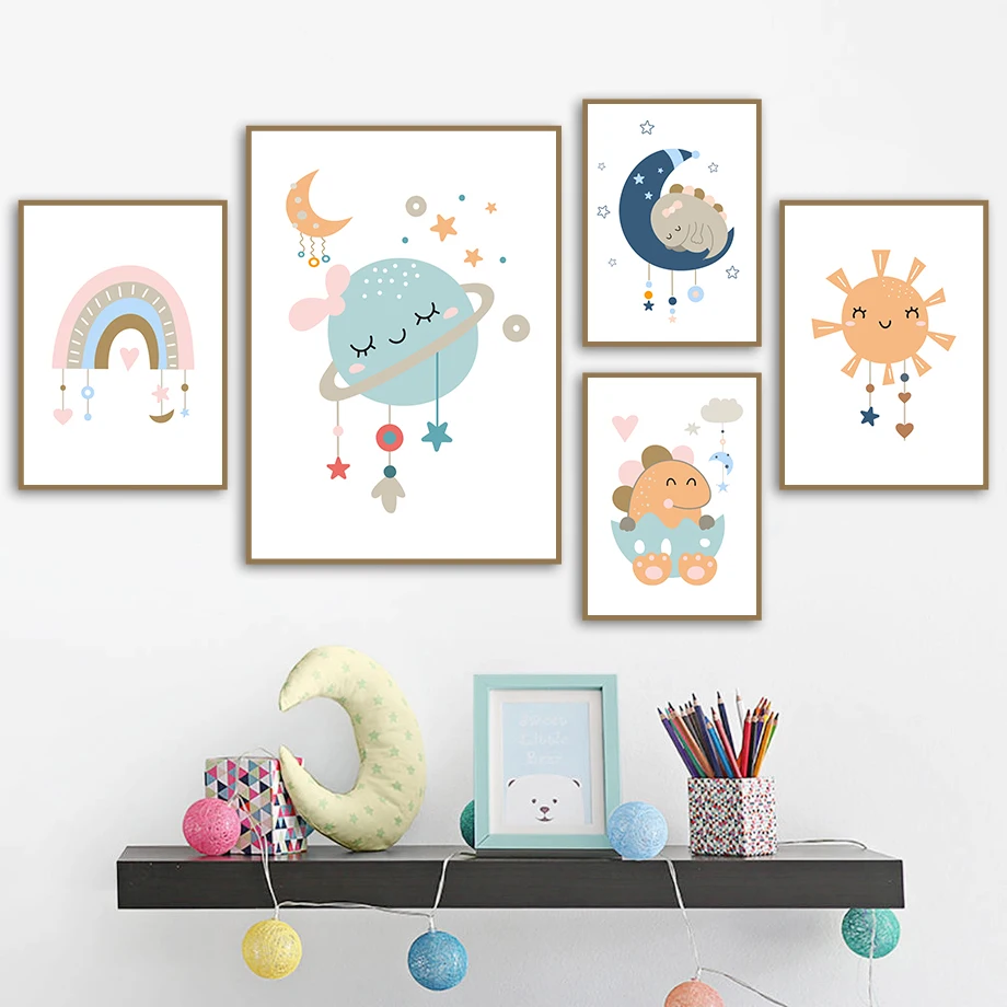

Cute Cartoon Rainbow Dinosaur Planet Sun ​Wall Art Canvas Painting Nordic Posters And Prints Wall Pictures Baby Kids Room Decor