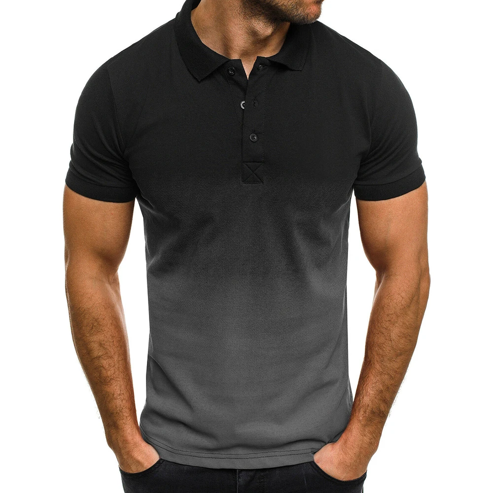 

2021 Summer Men's Casual Slim Lapel T-shirt Muscle Tops Gradient Color Sport Golf Short Sleeve Blouse