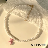 korea cute pink balloon dog pearl beaded necklaces for women sweet alloy puppy enamel pendant pearl necklaces y2k collar jewelry