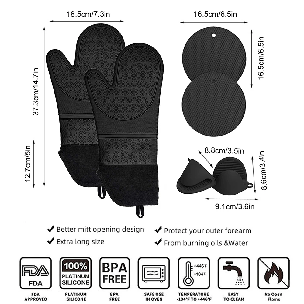 

Non-slip Silicone Oven Gloves Kitchen Baking Cooking Utensil Holders Heat Insulation Table Mats Kit Thicken BBQ Grill Mittens