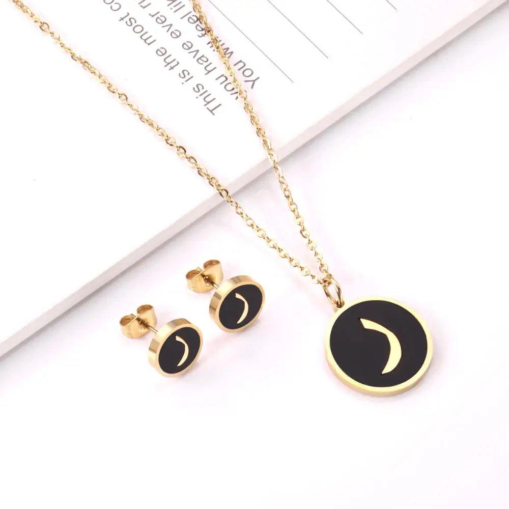 letter R gold black LUXUSTEEL, классические ювелирные изделия, Черная оболочка, буква М, ожерелье, серьги, наборы из нержавеющей стали, арабский алфавит, Женские аксессуары - Окраска металла: letter R gold black