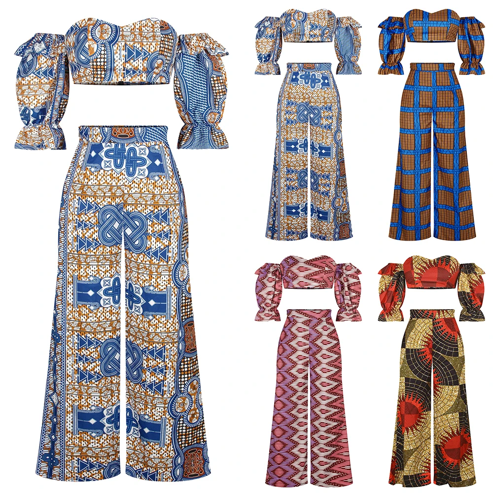 

Vintage Womens Casual Retro Printed Balloon Sleeve One Shoulder Shirts Tops Wide Leg Trousers Outfit 2pcs Set