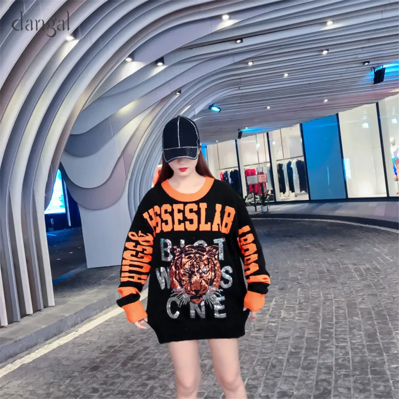 FahionHooded Sweater Women Female Sequined Tiger Sweaters Warm Pullover Knitted Winter Sequin Jumper | Женская одежда