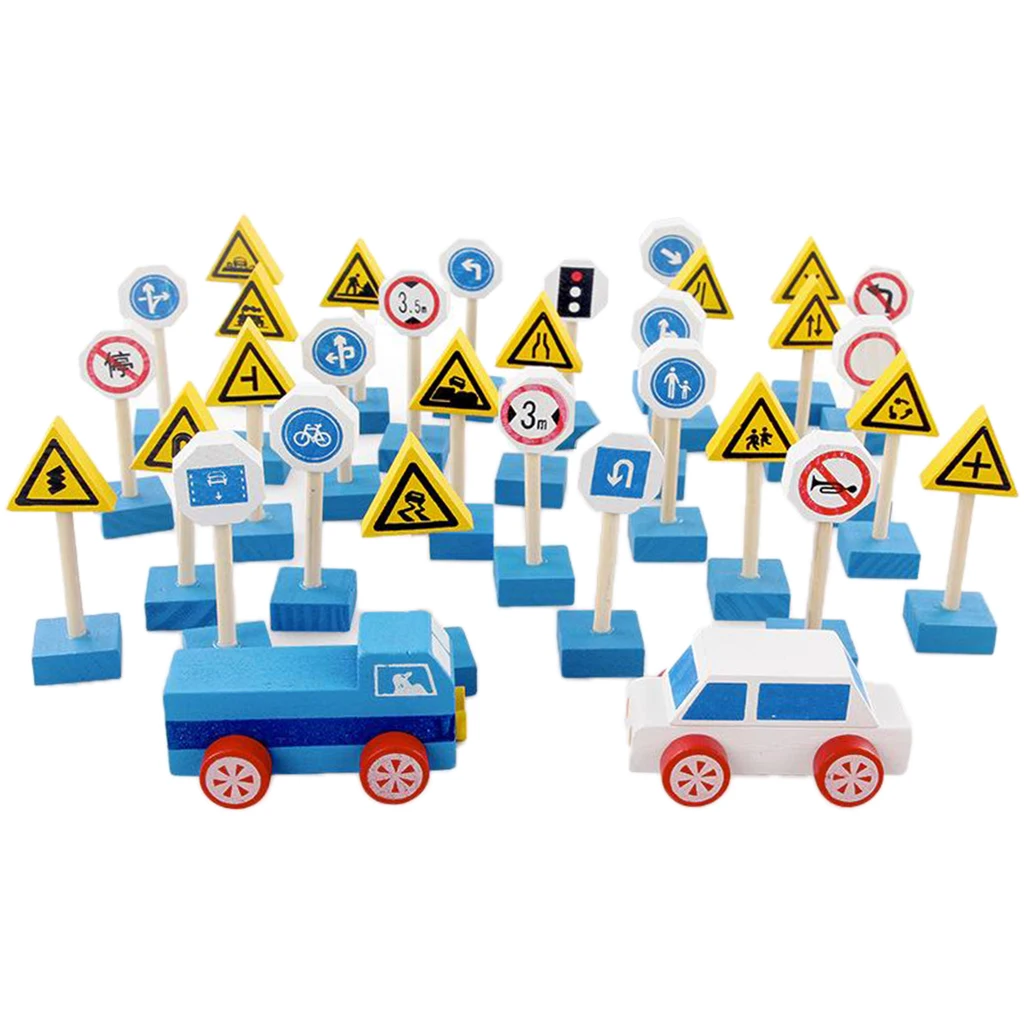 

Wooden Traffic Signs Mini Car Model Pretend Play Toys Vehicle Playset Gifts