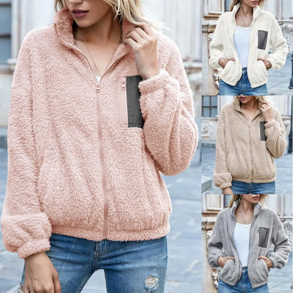 

Autumn Winter Women Double Side Plush Zip Pockets Coat Warm Jacket Outerwear