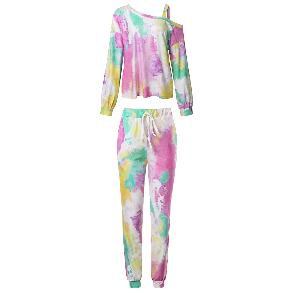 

Tie Dye Pajama Sets Women Homewear Long Sleeve One Shoulder top and Pants Fashion Suit Pijamas Women Two Piece Set Sleepwear