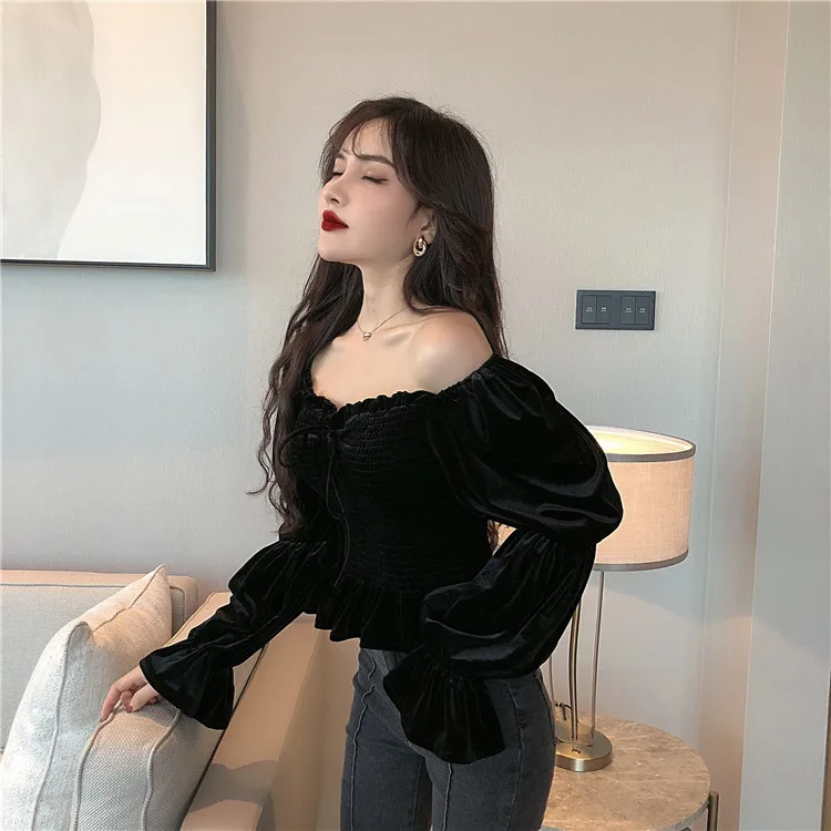 

sexy Low-cut velour womens tops and blouses fashion brand crop top flare sleeve blusas mujer de moda shirts new camisa feminina
