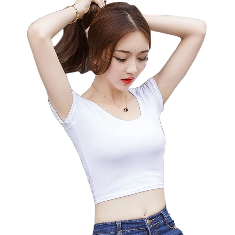 Женская хлопковая футболка с коротким рукавом однотонная облегающая в Корейском