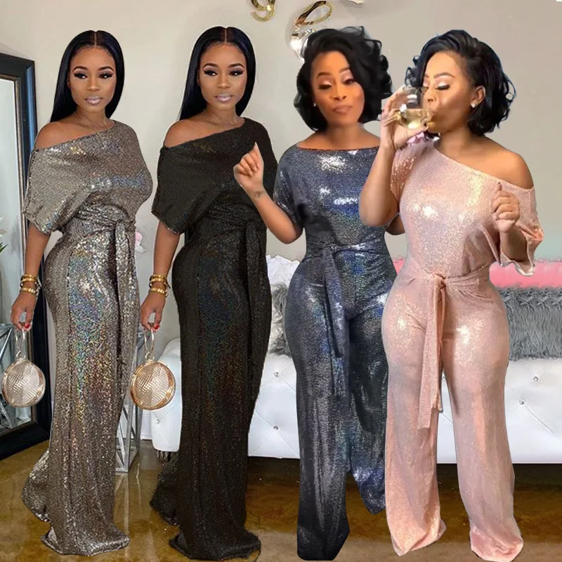 Women's Short-sleeved Party Evening Set Noble Elegant Sequin Overalls Belted Jumpsuit Banquet Romper Costume Shiny Jumpsuit