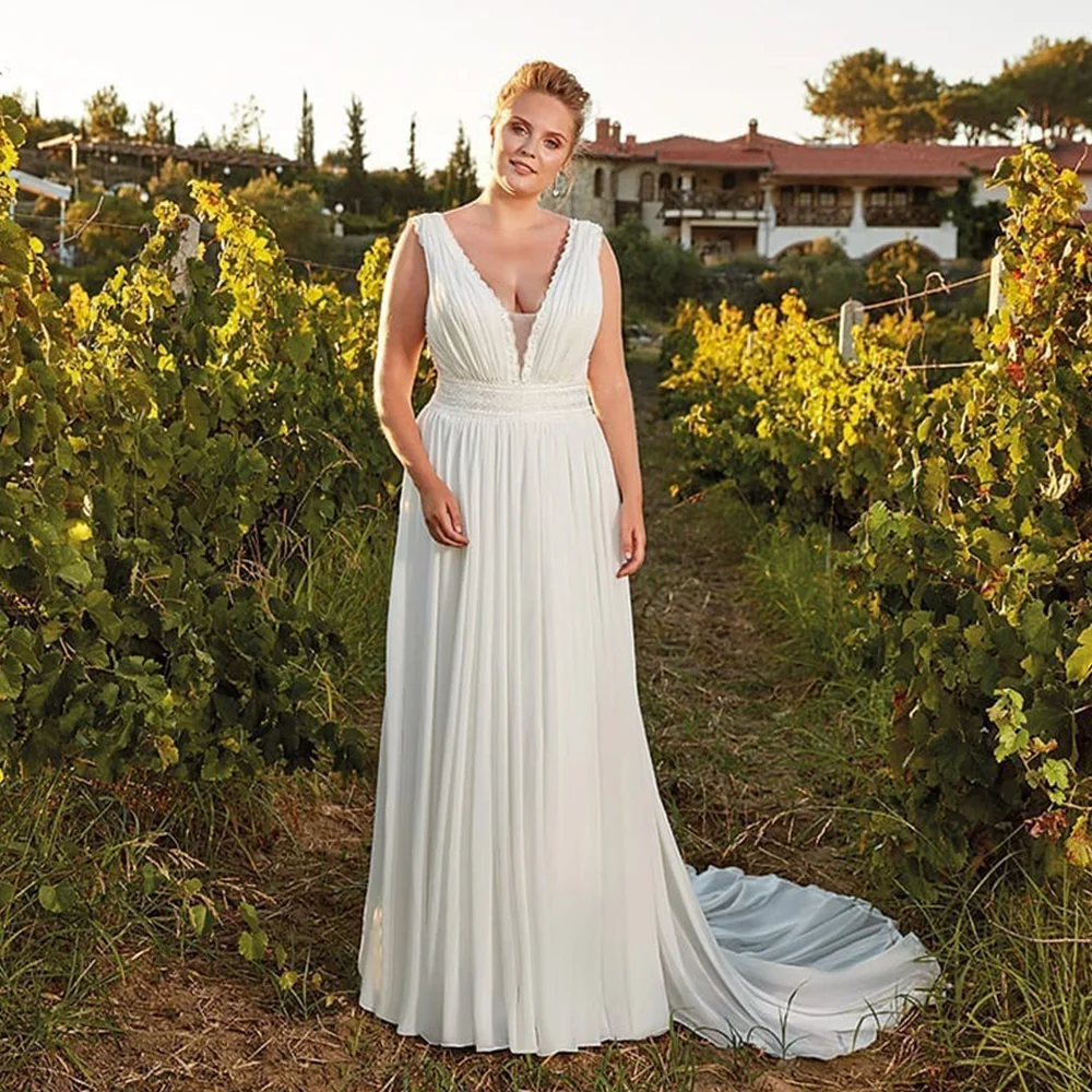 

Wedding Dress Plus Size 2021 Sexy V Neck Sleeveless Lace Sashes Pleats Ruched Chiffon A Line Beach Bridal Gown