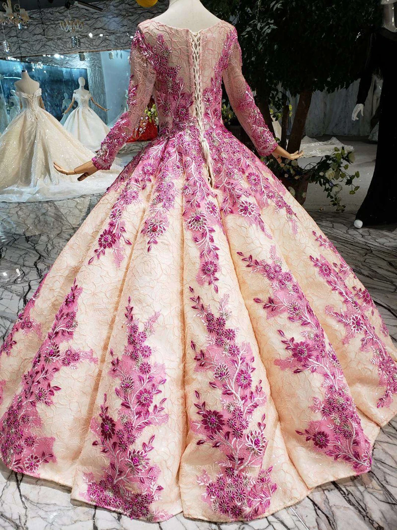 BGW 325ht Ball Gown Tassel Prom Dresses With Pink Flowers Floor Length O-neck Long Sleeves Muslim Swollen Pleat Evening Dresses