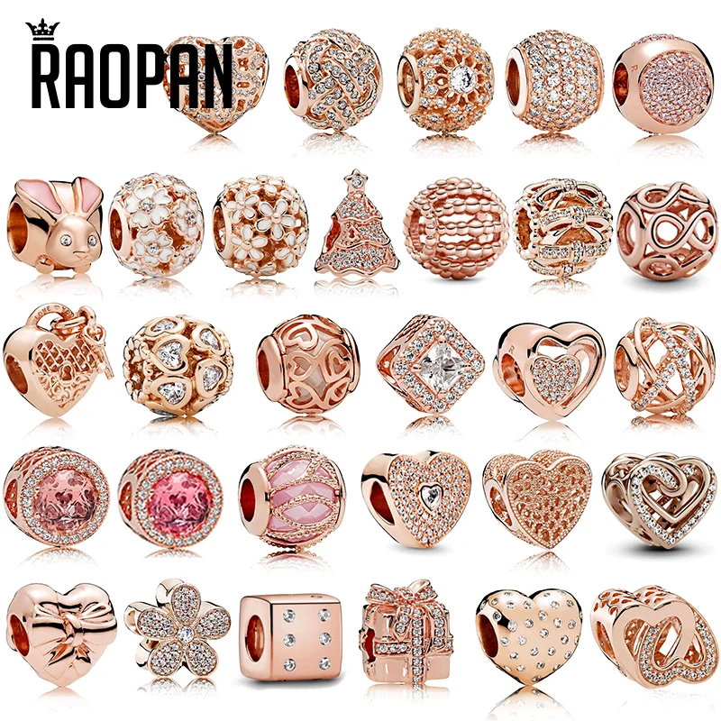 

Бусина-Шарм RAOPAN из розового золота с двойной геометрией любви и бриллиантовым цирконием, элегантный романтический серебряный браслет 925 пр...