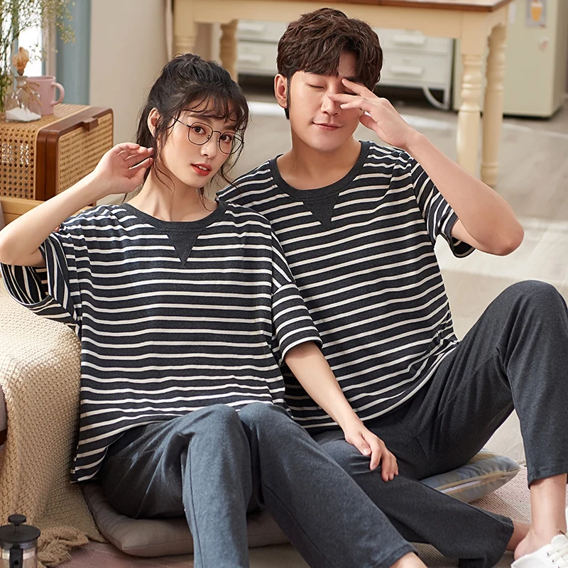 

2021 Summer Couples Cotton Short Sleeve Long Pants Pajama Sets for Women Casual Striped Sleepwear Suit Men Homewear Home Clothes
