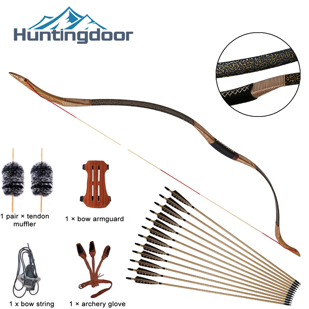 

2020 Hot Huntingdoor Traditional Handmade Bow Longbow with True Feather Wood Arrows Hunting Recurve Archery Bow Set Accessories