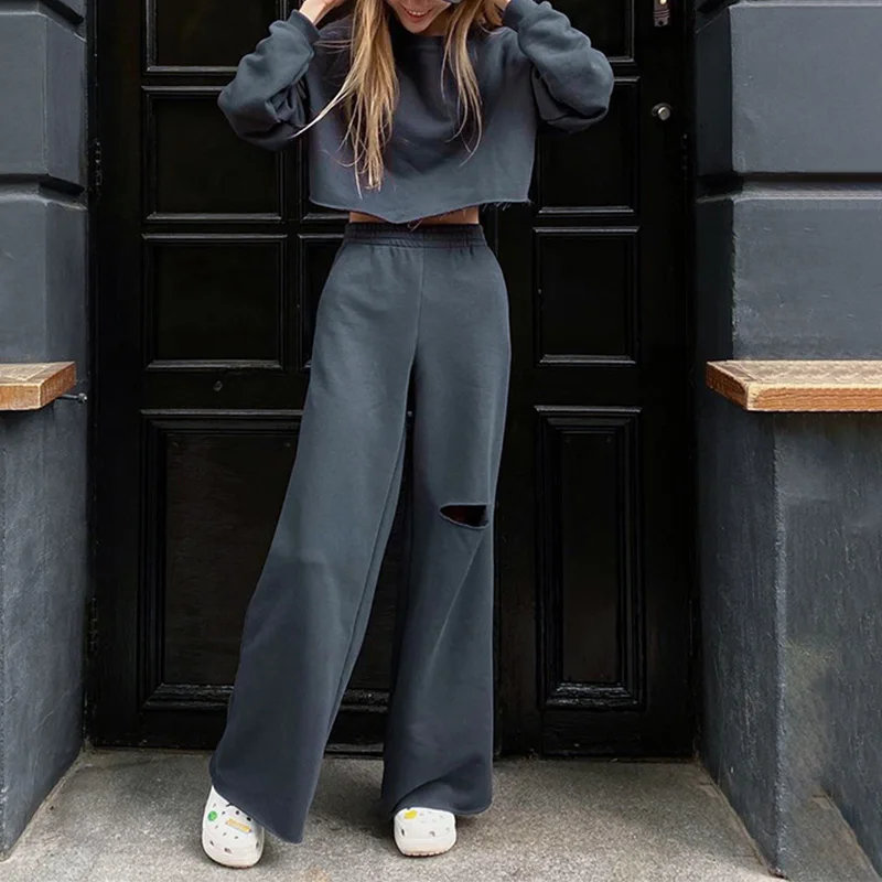 

Women Tracksuit Crop Top Trousers Two Piece Set Sweatshirt Hole Wide Leg Pants Sets Female 2021 Autumn Ladies Casual Outfits