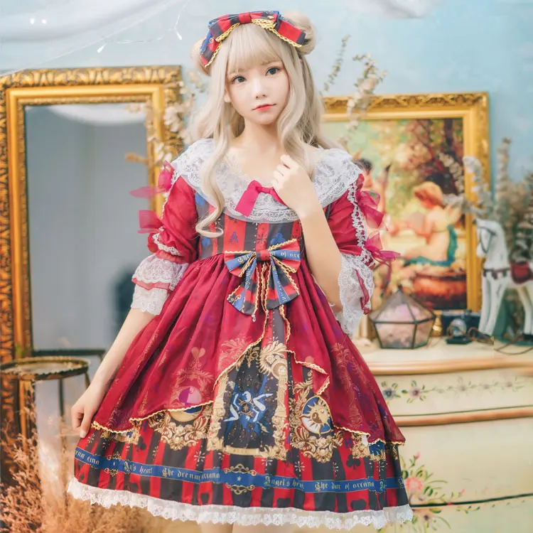 

Short Sleeve High Waist Sweet Lolita Dress Summer Fairy Princess Dress Halloween Women Maid Outfit Red Kawaii Dress and headwear