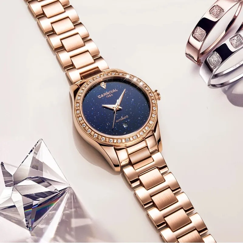 

Relogio Feminino CARNIVAL Mechanical Watch for Women Brand Luxury Rose Gold Automatic Wrist Watch Waterproof Clock Reloj Mujer