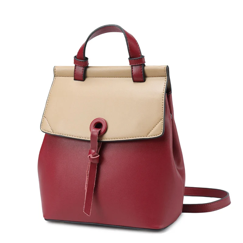 REALER women backpack small spilt leather backpack for women school backpack for teenager girls panelled shoulder bag - Цвет: Red-Beige