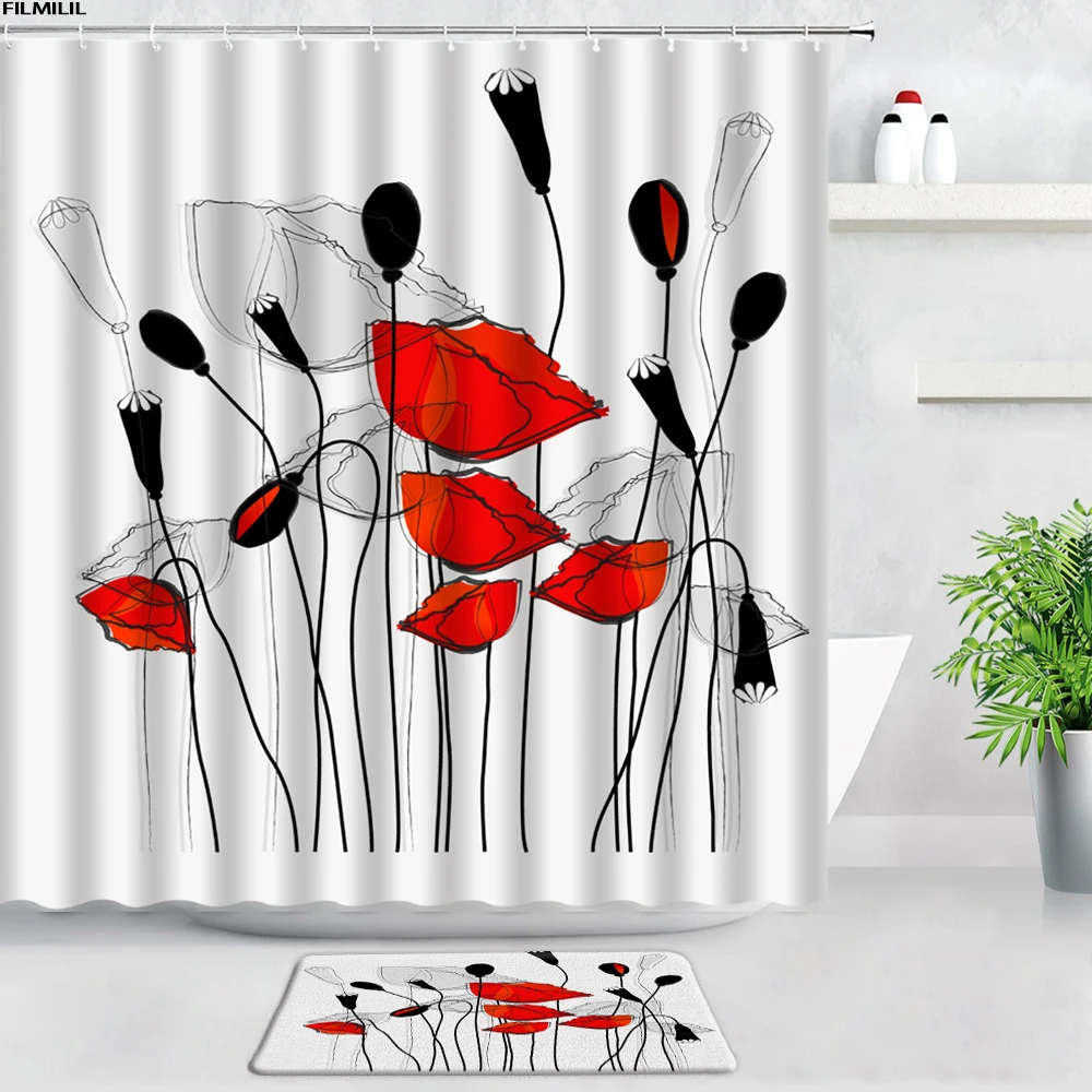 

FILMILIL, занавески для душа с изображением черно-белых цветов, одуванчиков, комплекты ковриков для ванной комнаты, бабочки, Цветочный Декор для...