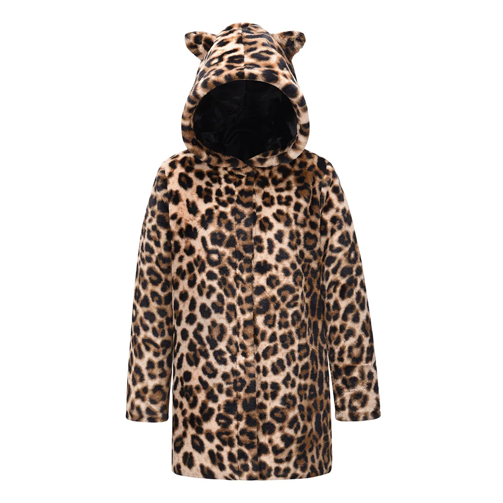 Winter Faux Fur Coat Animal Ears Special Hat Long Leopard Print Snap Button Long Sleeve Home Clothes Mature Beauty Student Warm