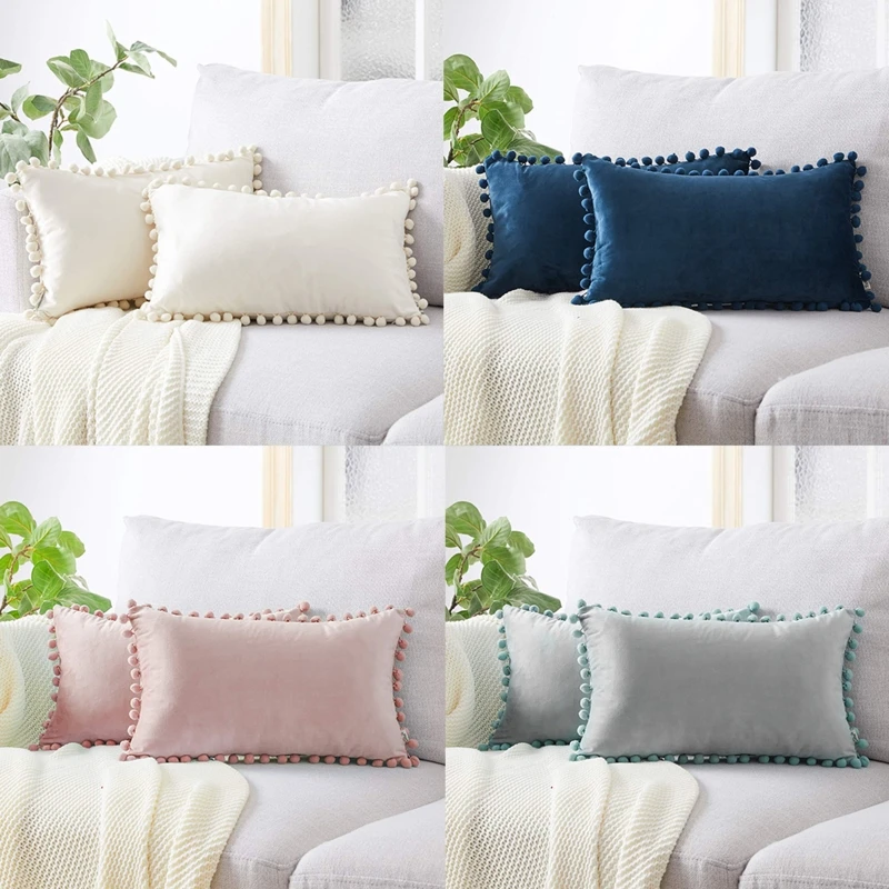 Nordic Style Velvet Lumbar Waist Throw Pillow Cover with Pom Simple Solid Color Decorative Rectangle Cushion Case | Дом и сад