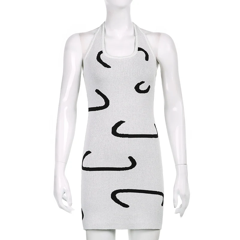 

Halter Tank Vintage Knitted Dress Female Paisley Backless Summer Beach Sundresses Women Casual Sexy Retro Khaki Mini Dress Y2K