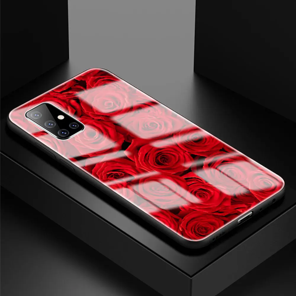 

Phone Cover For Samsung Galaxy A51 A50 A71 A70 A31 A30 A21s A91 A10 A40 Tempered Glass Mobile Case Bright Red Rose Flowers