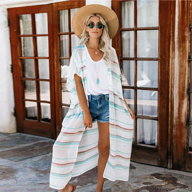 

Minimalist Casual Viscose Cardigan Slouch careless Stripe white Beach swimsuit Outerwear Comfy Lady women Blouse Bohemian Kimono