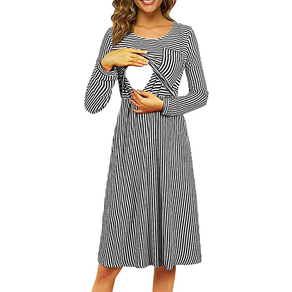 Платья для беременных женщин Одежда платья вечернее осеннее платье в полоску с