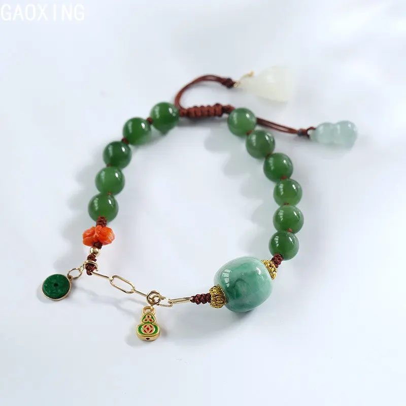 

Natural Jasper Bracelet Hand-Woven 18K Chain Jade Small Gourd Jade Passepartout With Coral Accessories, Bracelets, Jewelry