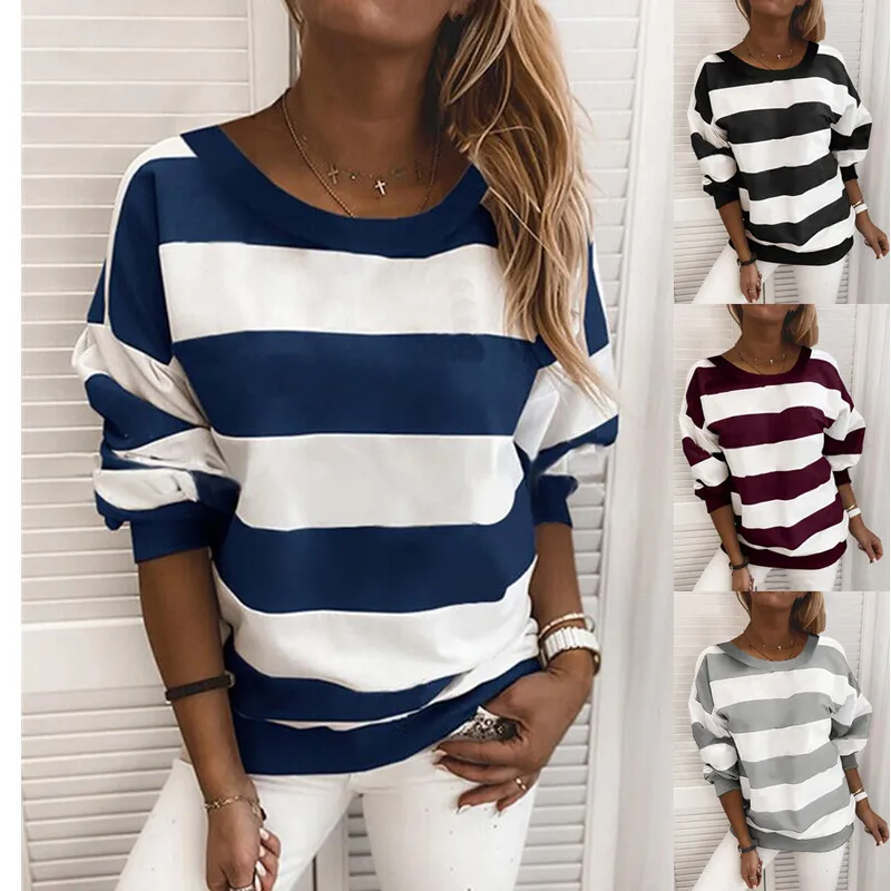 Женская футболка в полоску повседневный Свободный Топ с длинным рукавом и