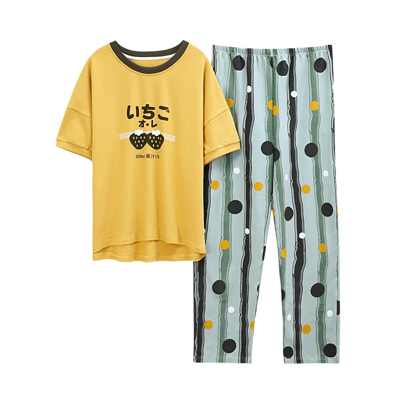 

Princess Sweet Fashion Cute Strawberry Sleepwear Leisure Short Sleeve Pant O-Neck Homewear 2Piece/Set Women Yellow Pajamas Set