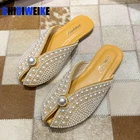 Женская обувь; Тапочки с круглым носком; Сезон весна-лето; Новинка; Модные тапочки шлепанцы на плоской подошве с жемчугом; AC794