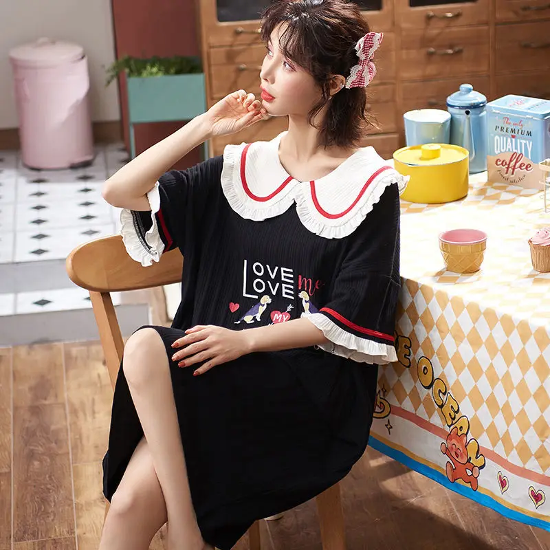 New Style Cotton Pajamas Ladies Summer Short-sleeved Nightdress Female Korean Style Cute Loose Plus Over-the-knee Home Service
