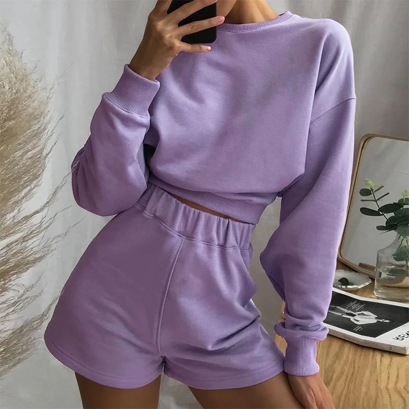 

Women Long Sleeve Tracksuits two Piece Set Autumn Sweatshirt and Shorts Suits Casual Loose Two Piece Outfit Solid Streetwear Set