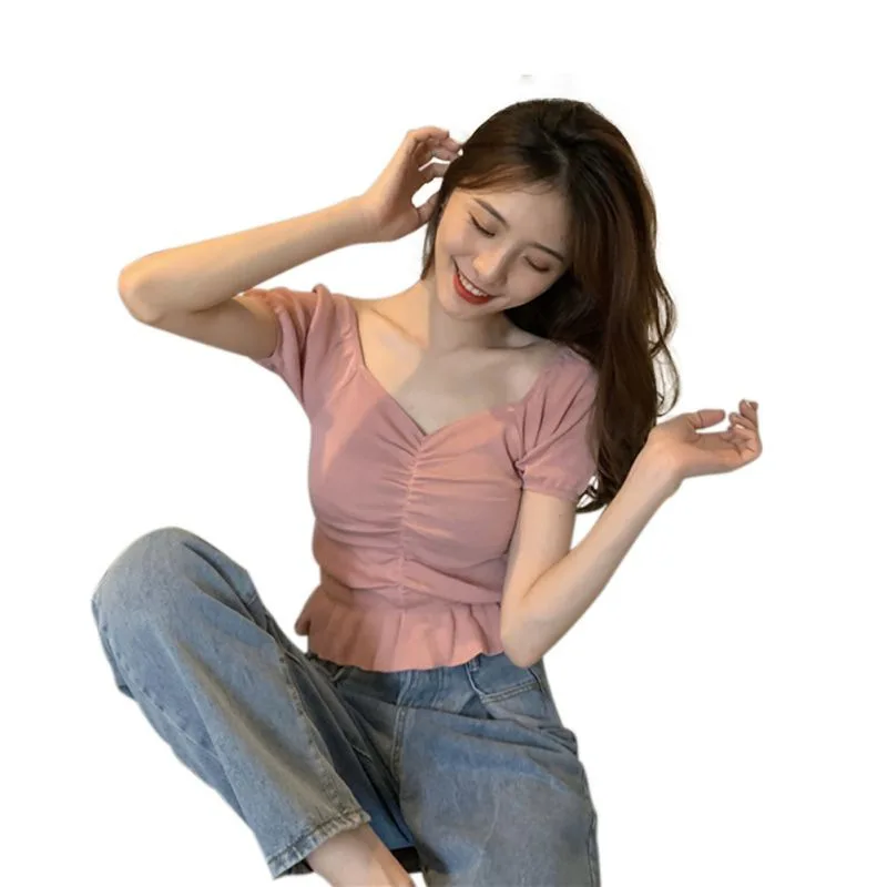 

Square Collar T-shirts Pleats Exposed Clavicle Slimming Short Sleeve Tee